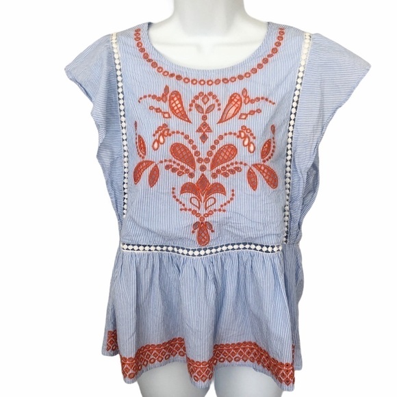 Skies Are Blue Tops - Skies are Blue blue white striped orange embroidered peplum top size small